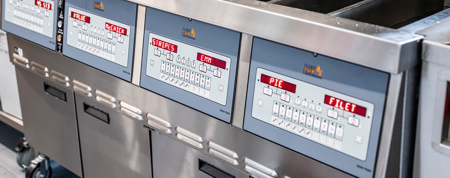 Fryers in a quick service restaurant kitchen, supplied by switchgear for quick service restaurants