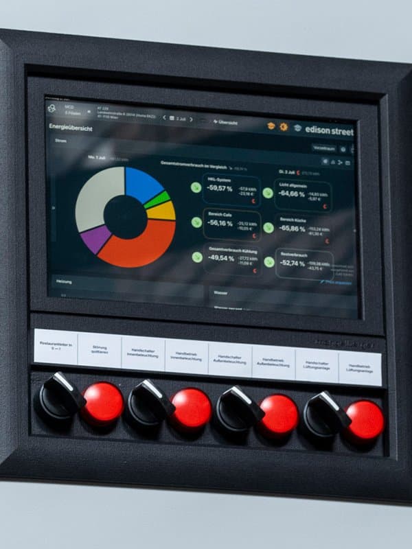 Control panel of an electrical distribution board for quick service restaurants with energy overview and manual switches for lighting and ventilation