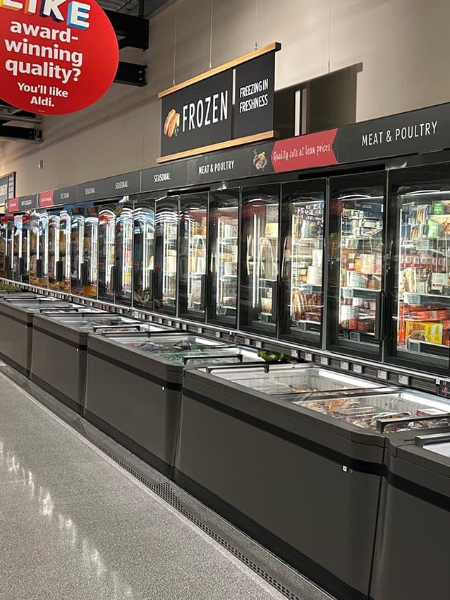 Row of chest freezers and refrigerated shelves in a store
