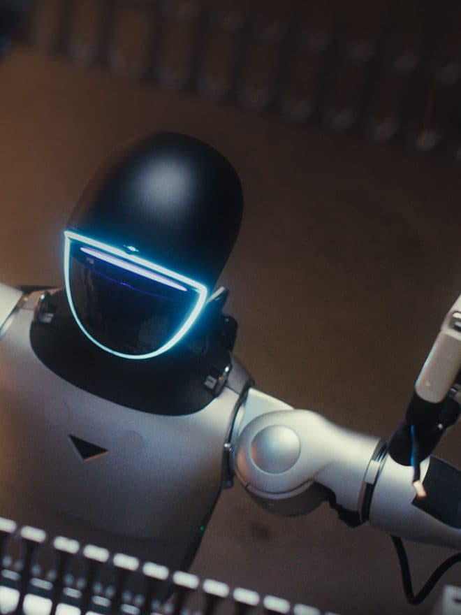 Humanoid robot reaching into the wiring of a switchgear assembly